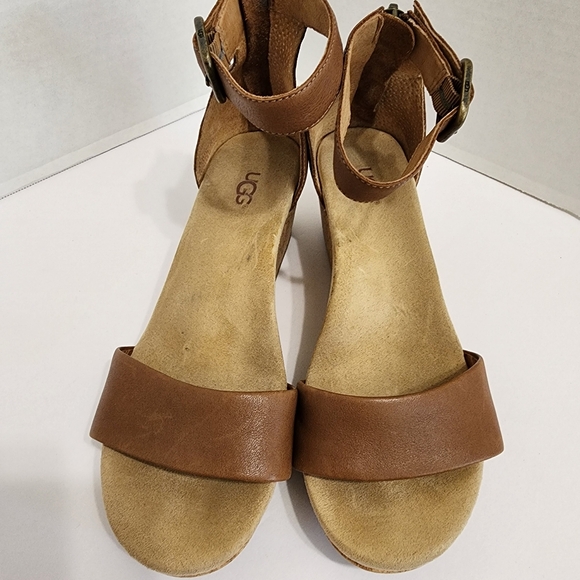 UGG Zoe II Wedge Sandals Leather Cork Ankle Strap Brown Boho 7.5 - Picture 7 of 14